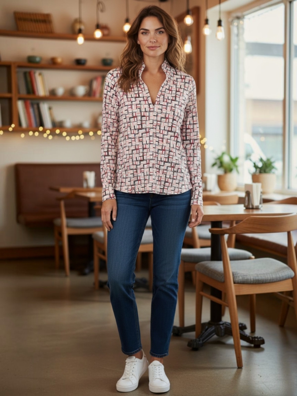 EP New York Split-Neck Zipup Geometric Print Top in Pink, Grey and White